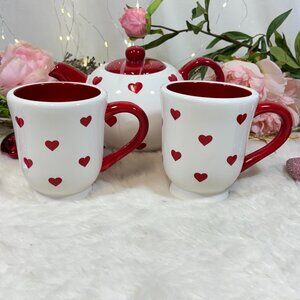 Terramoto Ceramic White Love Red Hearts Large Coffee  Mugs SET OF 2 New